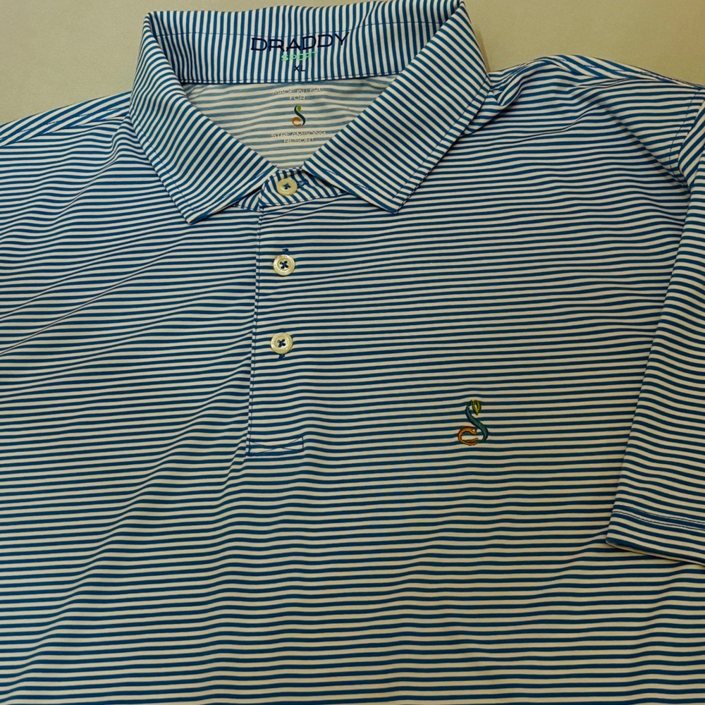 B.‎ Draddy Sport Polo Shirt Mens XL Blue White Excellent Streamsong Resort Golf